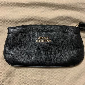 versace collection black pebble leather wristlet